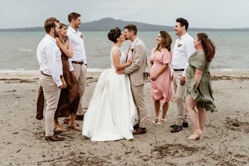 Wedding Photos on Auckland's Mission Bay Beach with the bridal party