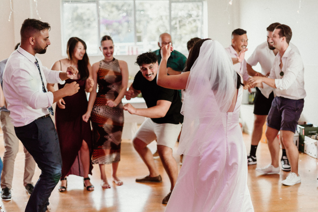 wedding dance party with bride and goom